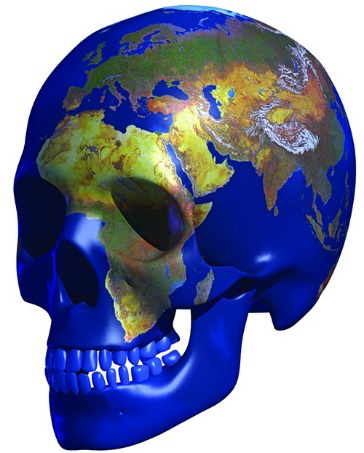 skull imprinted with map of the world